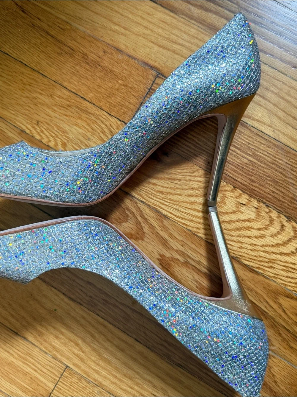 Enzo Angiolini Silver Glitter Open-Toe Pumps